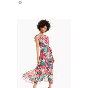 NWT Bar ||| XL Tropical Floral  Wrap Women’s Dress Green Pink Maxi Belted